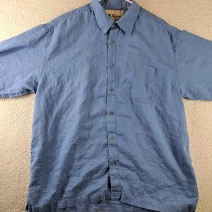 Vintage Linen Shirt Mens Size XL Button-Up Blue Short Sleeve 100% Linen